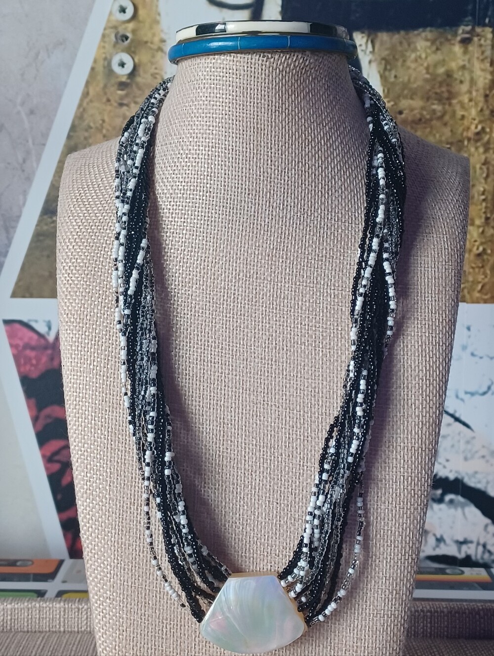 Multi-Stand Seed Bead Mother Of Pearl Pendant Necklace&Brass Horn Bangles ✨️